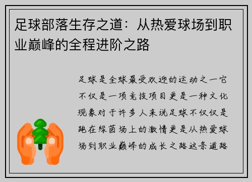 足球部落生存之道：从热爱球场到职业巅峰的全程进阶之路